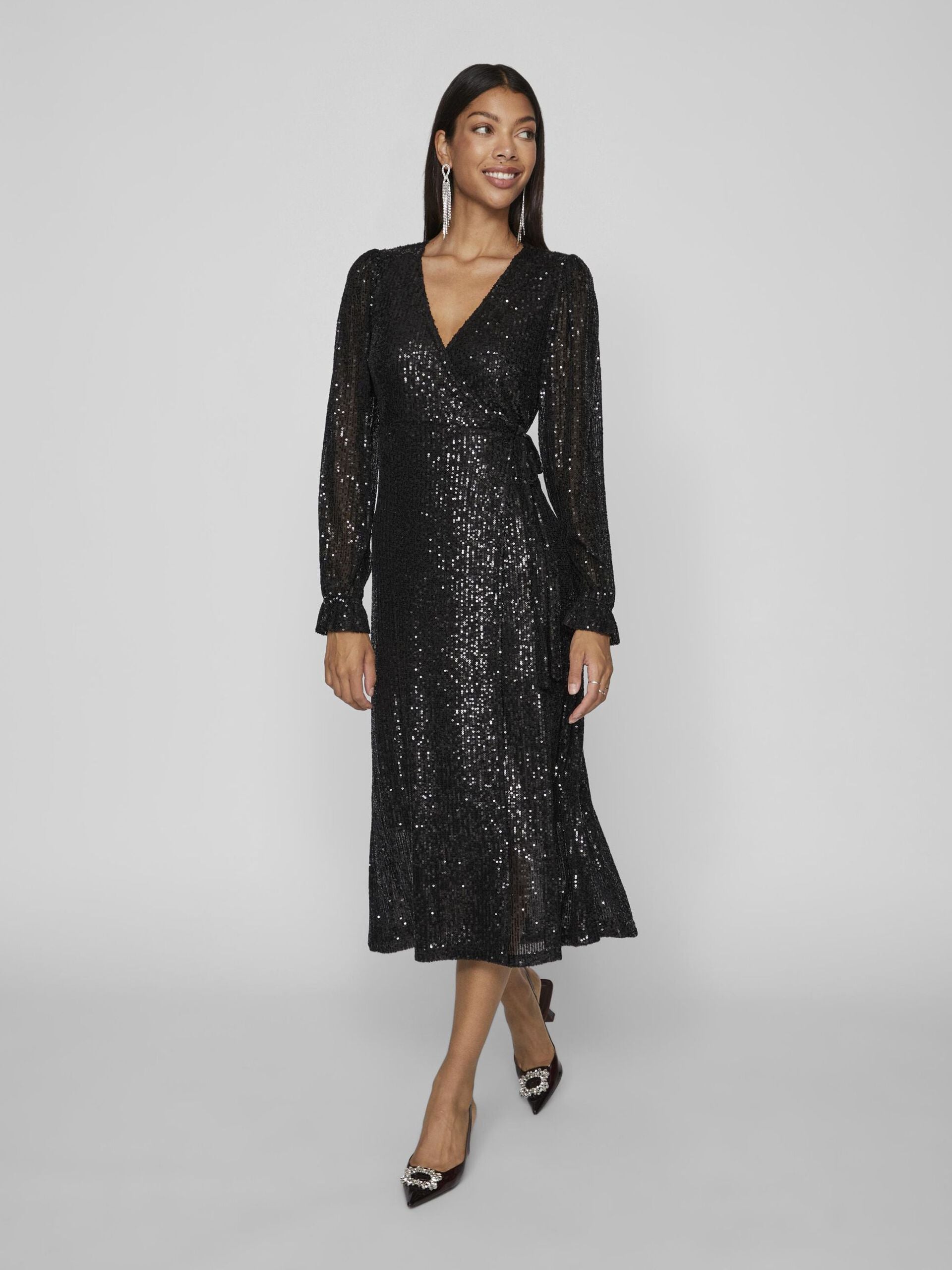 MIRA SEQUIN MIDI WRAP DRESS (BLACK)