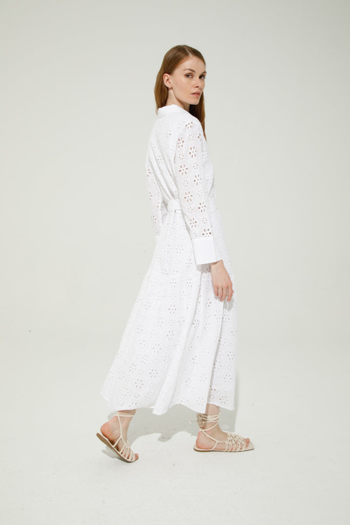 Elysa Broderie Anglaise Shirt Dress (White)