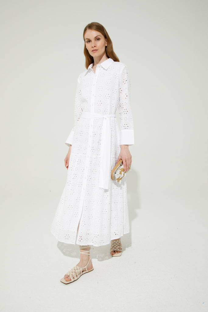 Elysa Broderie Anglaise Shirt Dress (White)