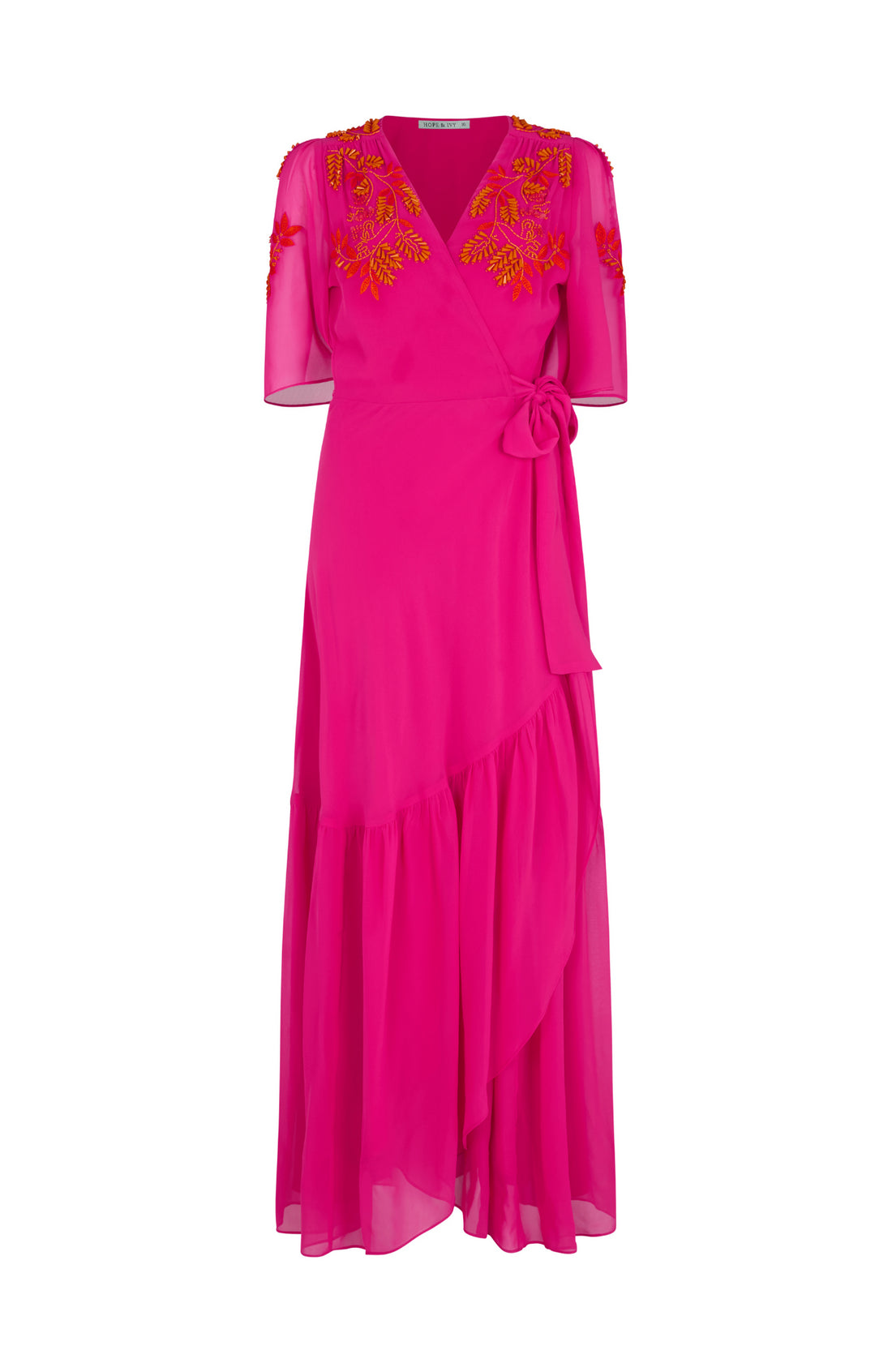 The Harriet Embellished Flutter Sleeve Maxi Dress (Pink/Orange)