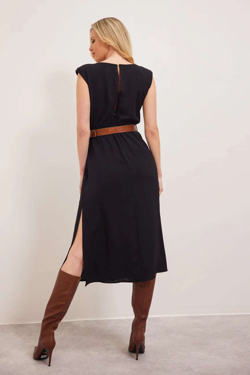 EMER SLEEVELESS BELTED DRESS (BLACK)