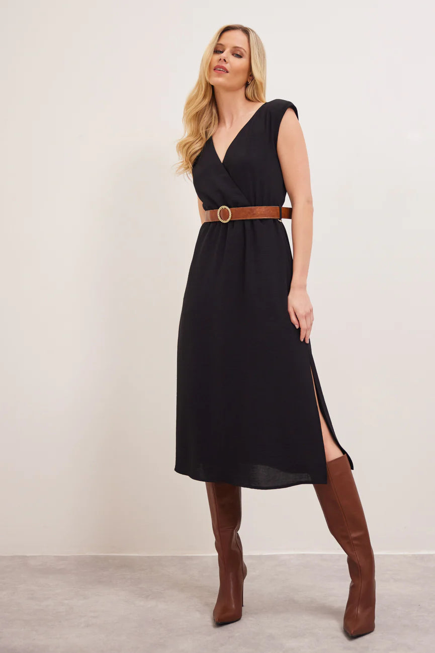 EMER SLEEVELESS BELTED DRESS (BLACK)