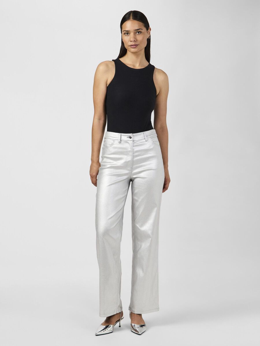 Milla High Waisted Metallic Pants (Silver)