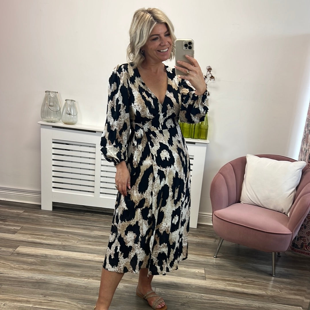 Elo Midi Wrap Dress (Black/Leo)