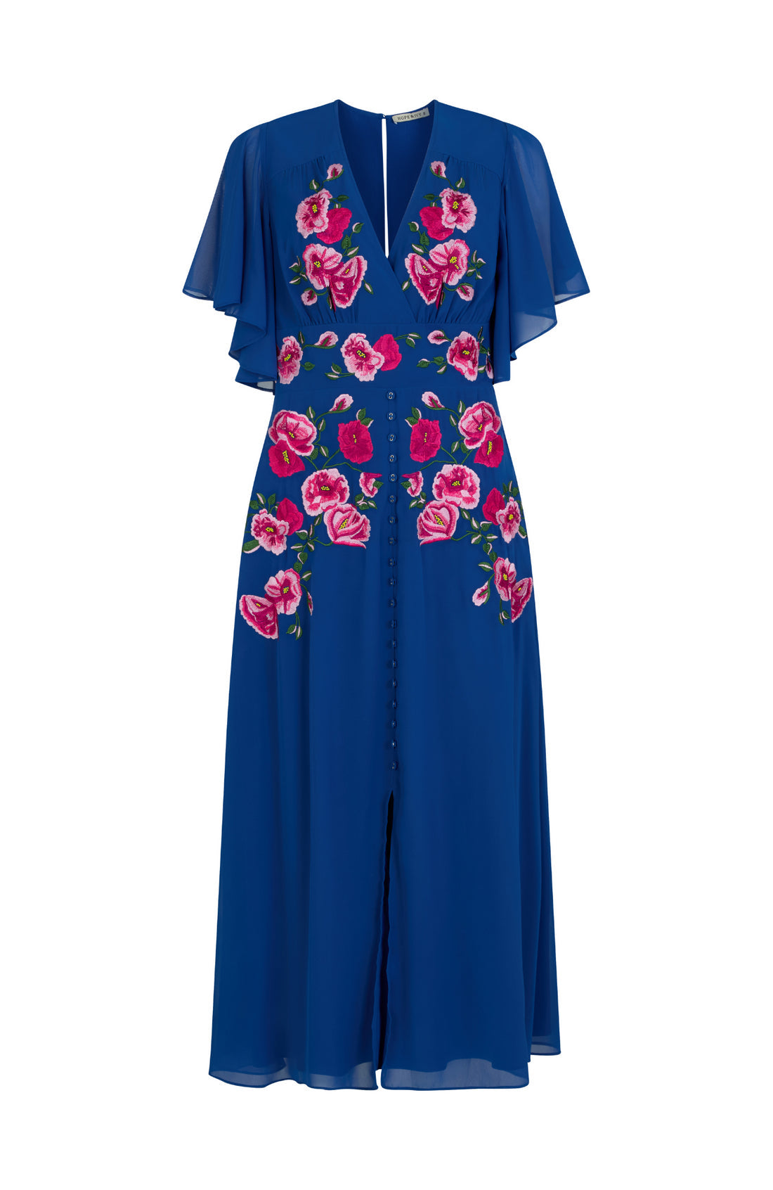 The Monica Embroidered Flutter Sleeve Midi Dress (Blue)