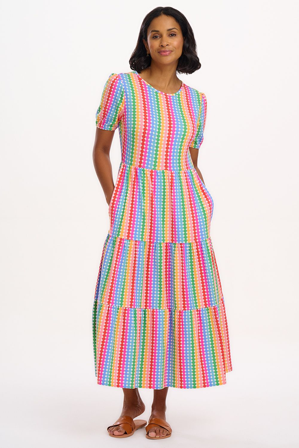 Minerva Jersey Tiered Midi Dress (Multi/Rainbow Circles)