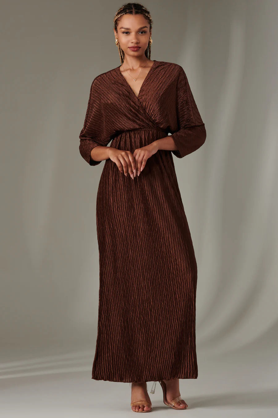 Chocolate Ruffle Hem Chiffon Maxi Dress