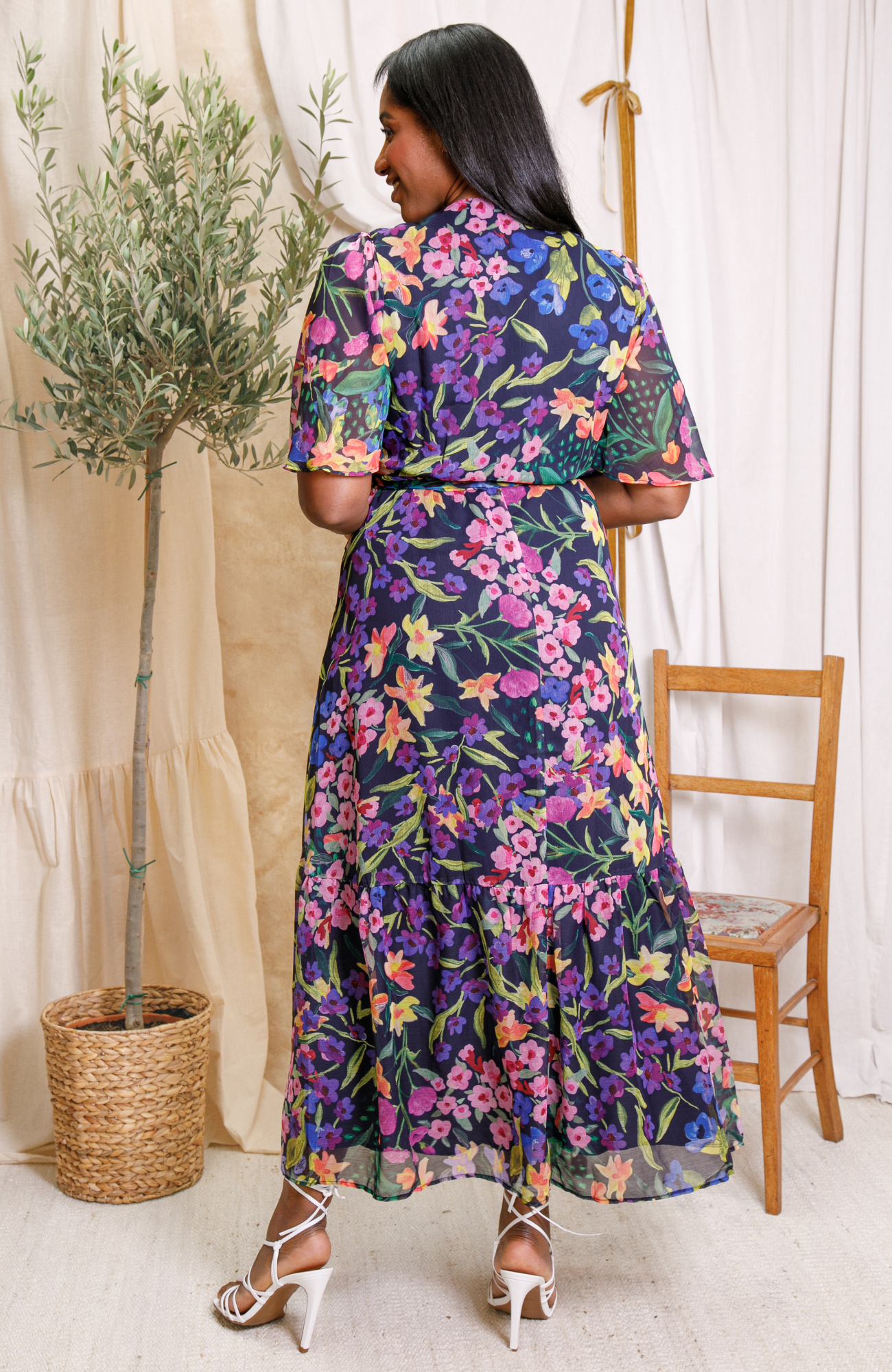 The Nesta Flutter Sleeve Maxi Wrap Dress (Navy)