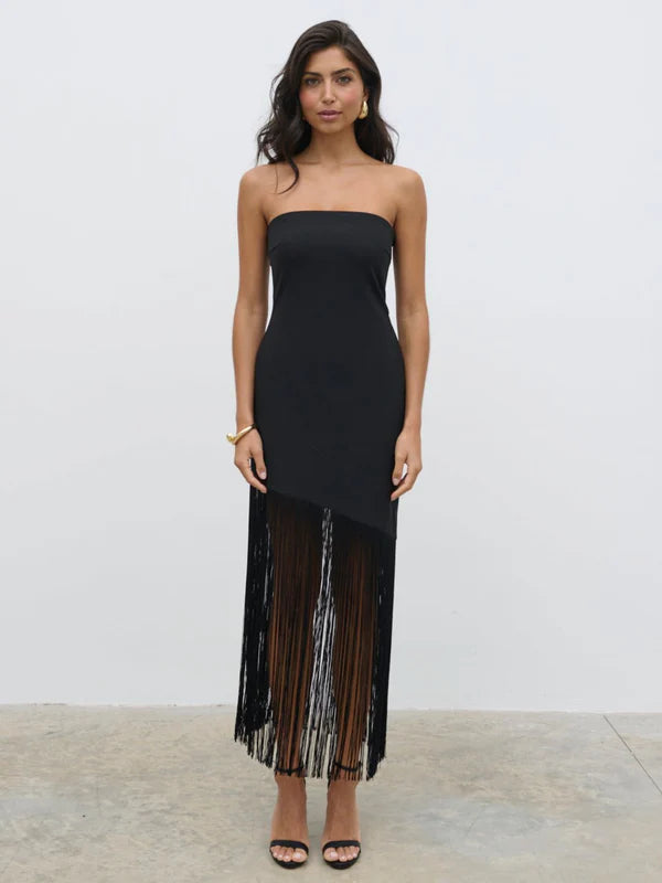 Eliana Bandeau Asymmetric Fringed Dress (Black)