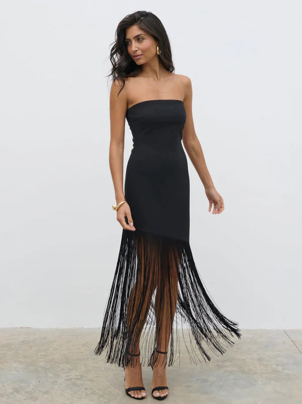 Eliana Bandeau Asymmetric Fringed Dress (Black)