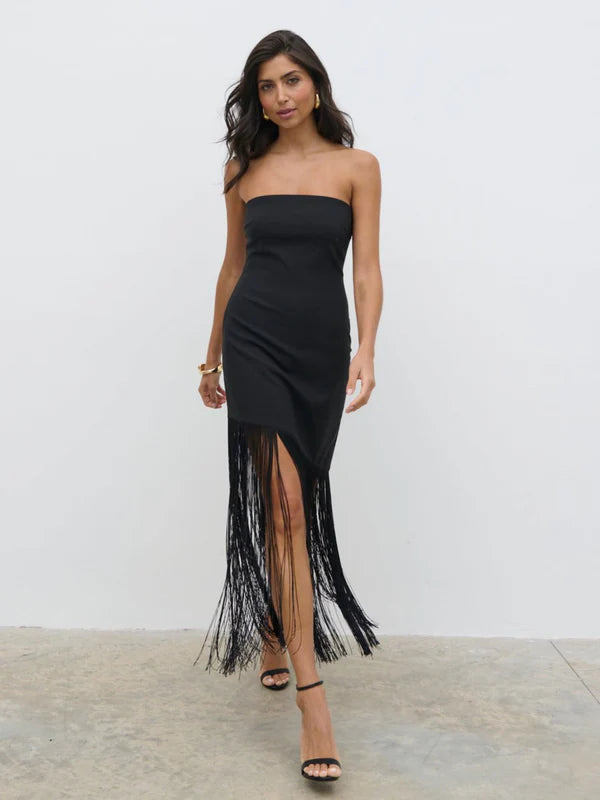 Eliana Bandeau Asymmetric Fringed Dress (Black)