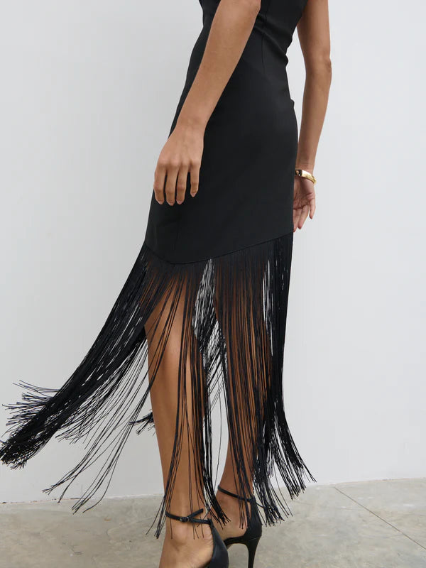 Eliana Bandeau Asymmetric Fringed Dress (Black)