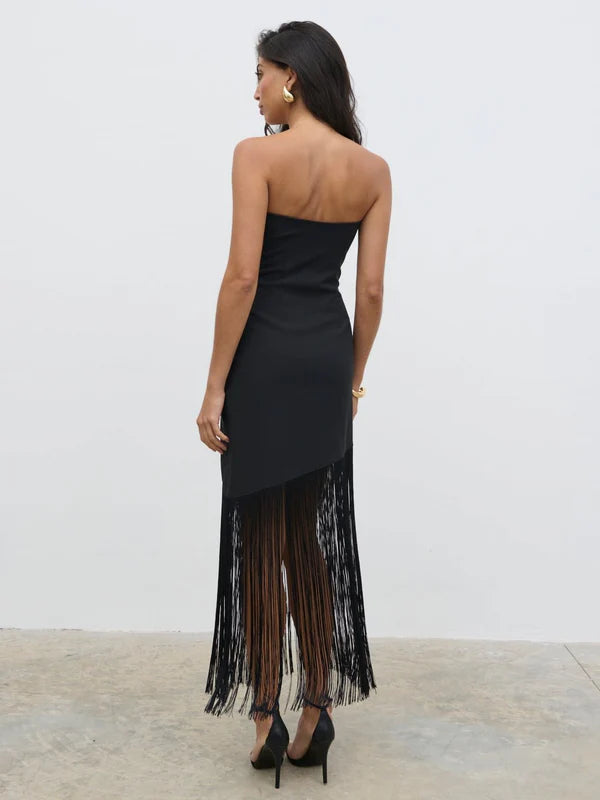 Eliana Bandeau Asymmetric Fringed Dress (Black)