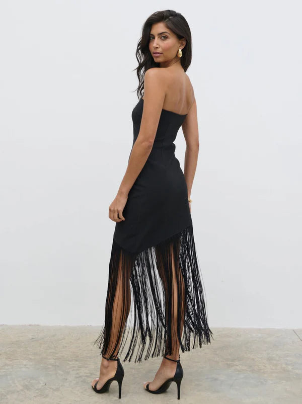 Eliana Bandeau Asymmetric Fringed Dress (Black)