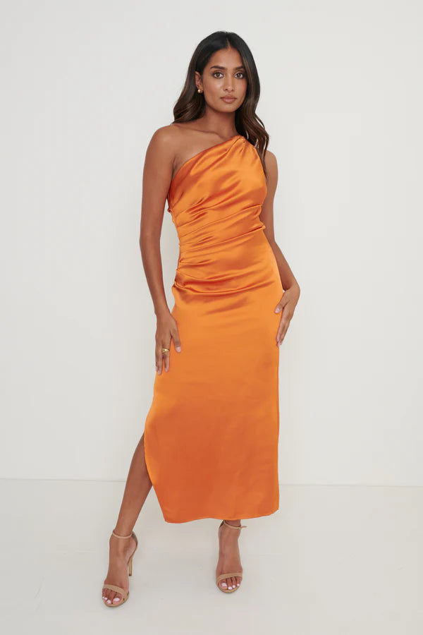 Amelia One Shoulder Ruched Satin Dress (Orange)