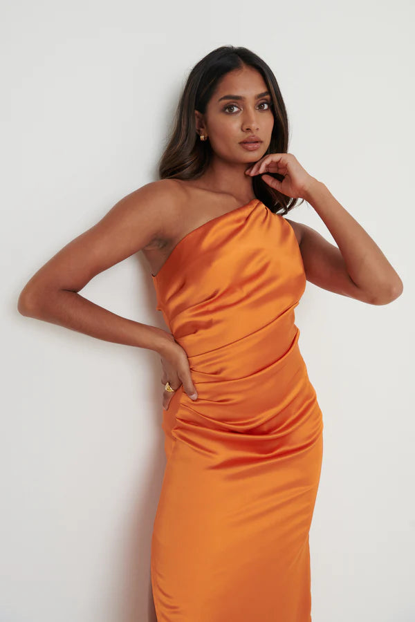 Amelia One Shoulder Ruched Satin Dress (Orange)