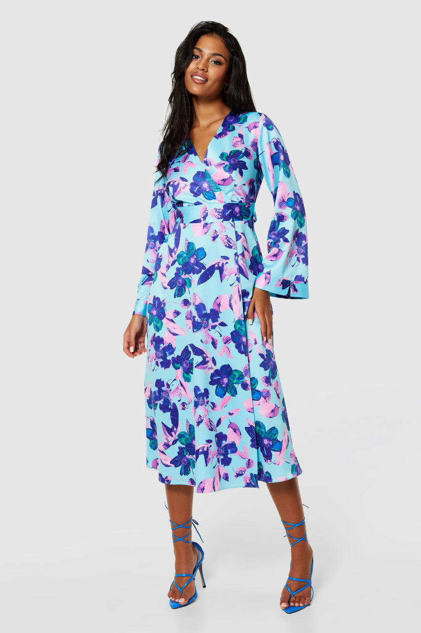 Wilma Faux Wrap Dress (Aqua Floral)