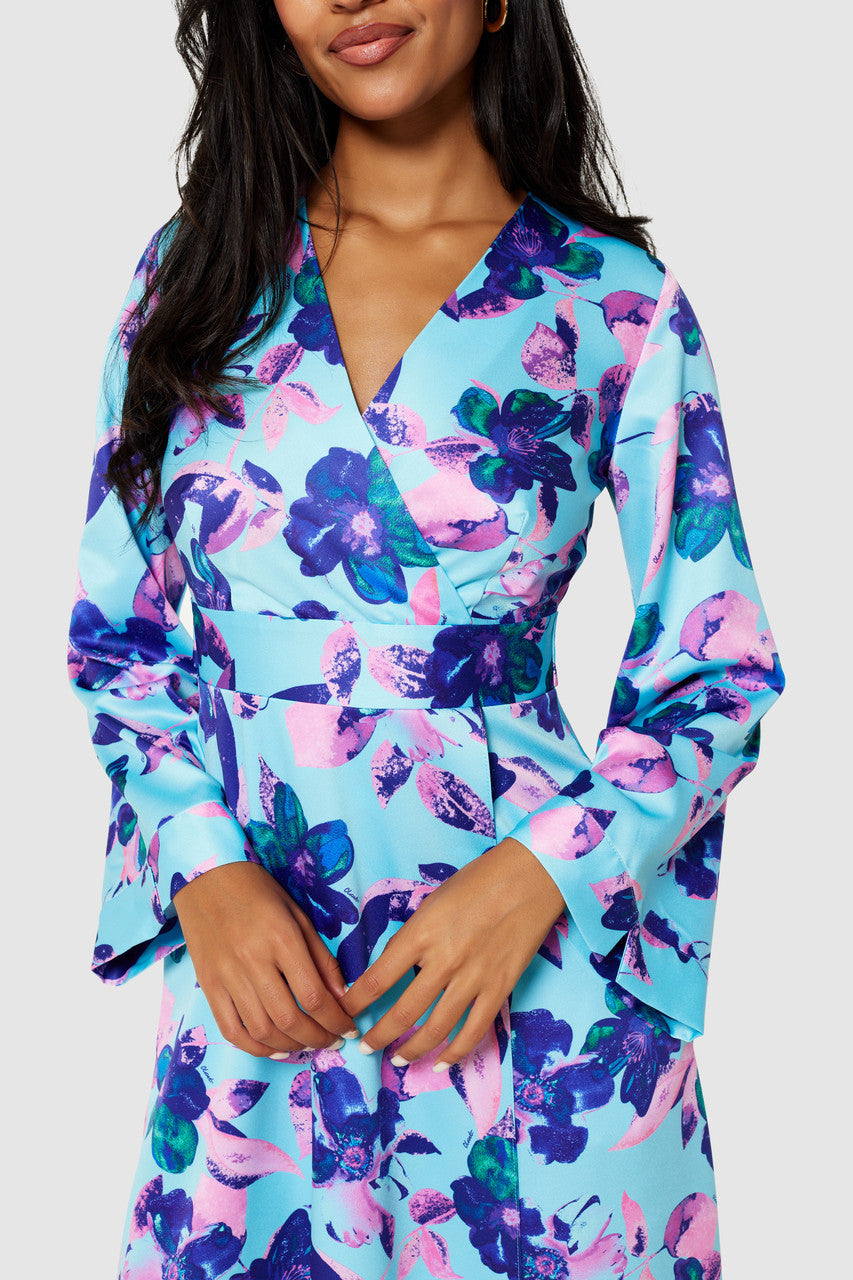 Wilma Faux Wrap Dress (Aqua Floral)