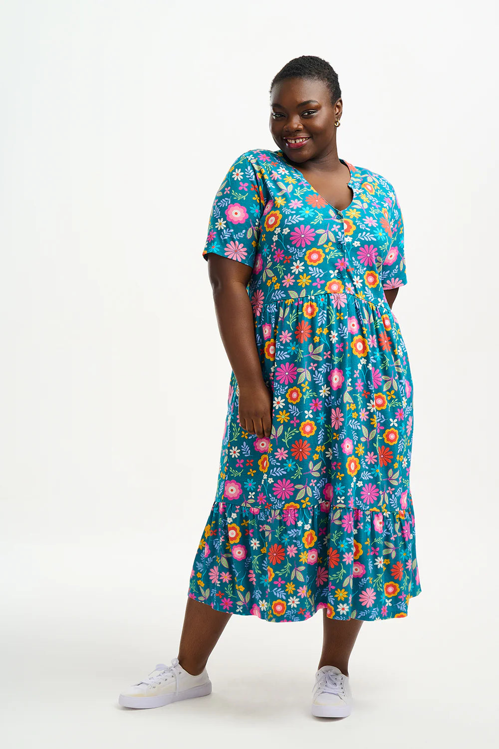 Heather Jersey Midi Smock Dress (Teal Folk Floral)