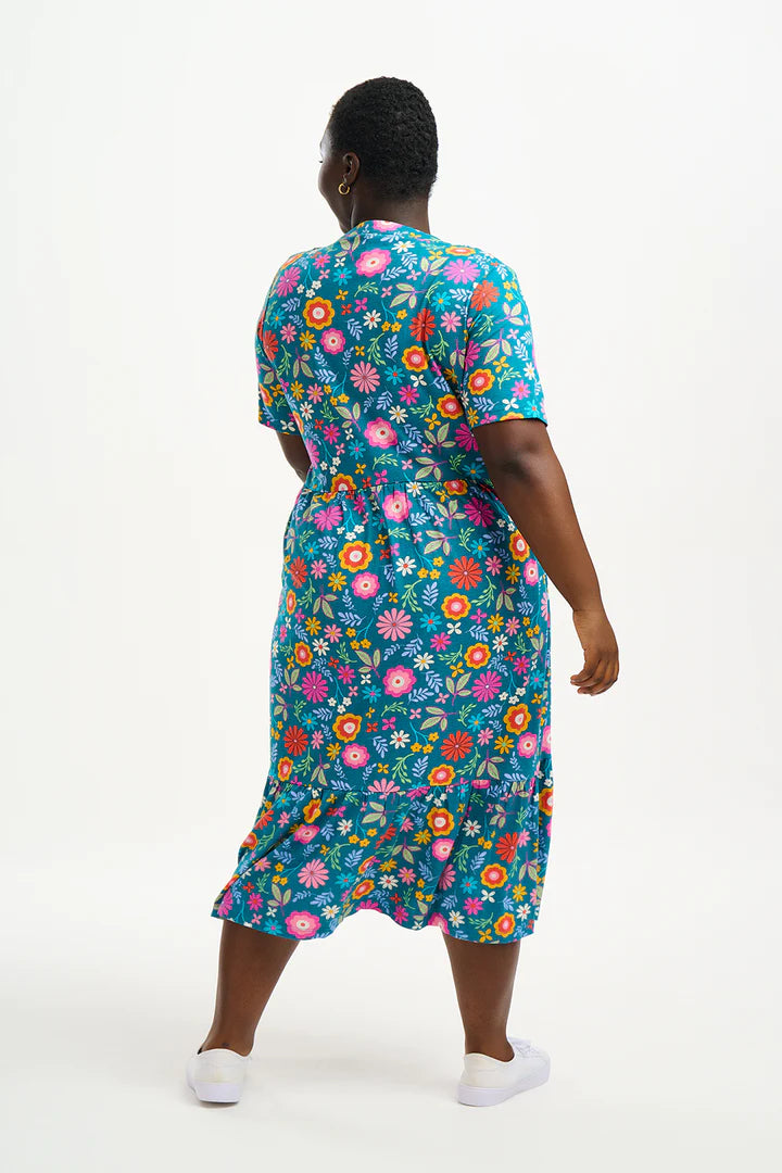 Heather Jersey Midi Smock Dress (Teal Folk Floral)