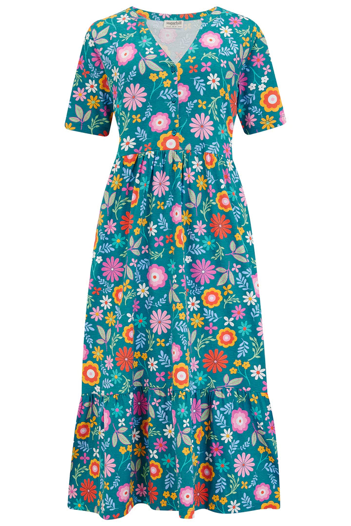 Heather Jersey Midi Smock Dress (Teal Folk Floral)