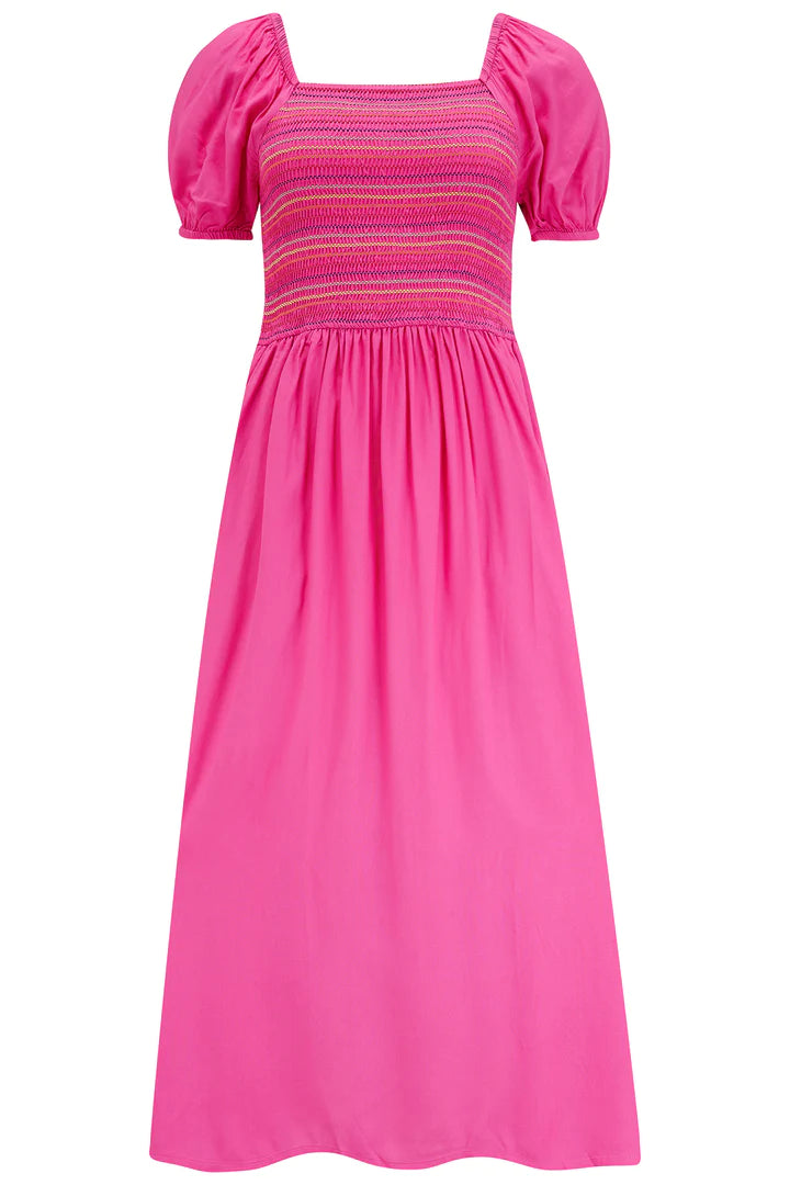 Octavia Midi Shirred Dress (Dark Pink Rainbow Shirring)