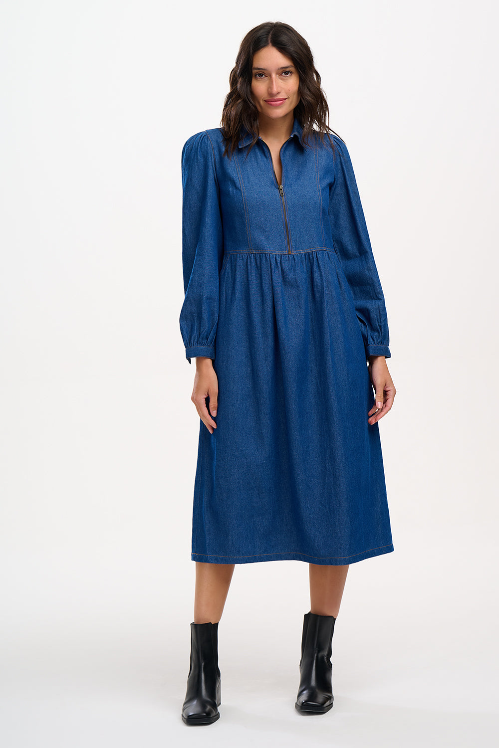 Kristy Midi Smock Dress (Mid Blue Denim)