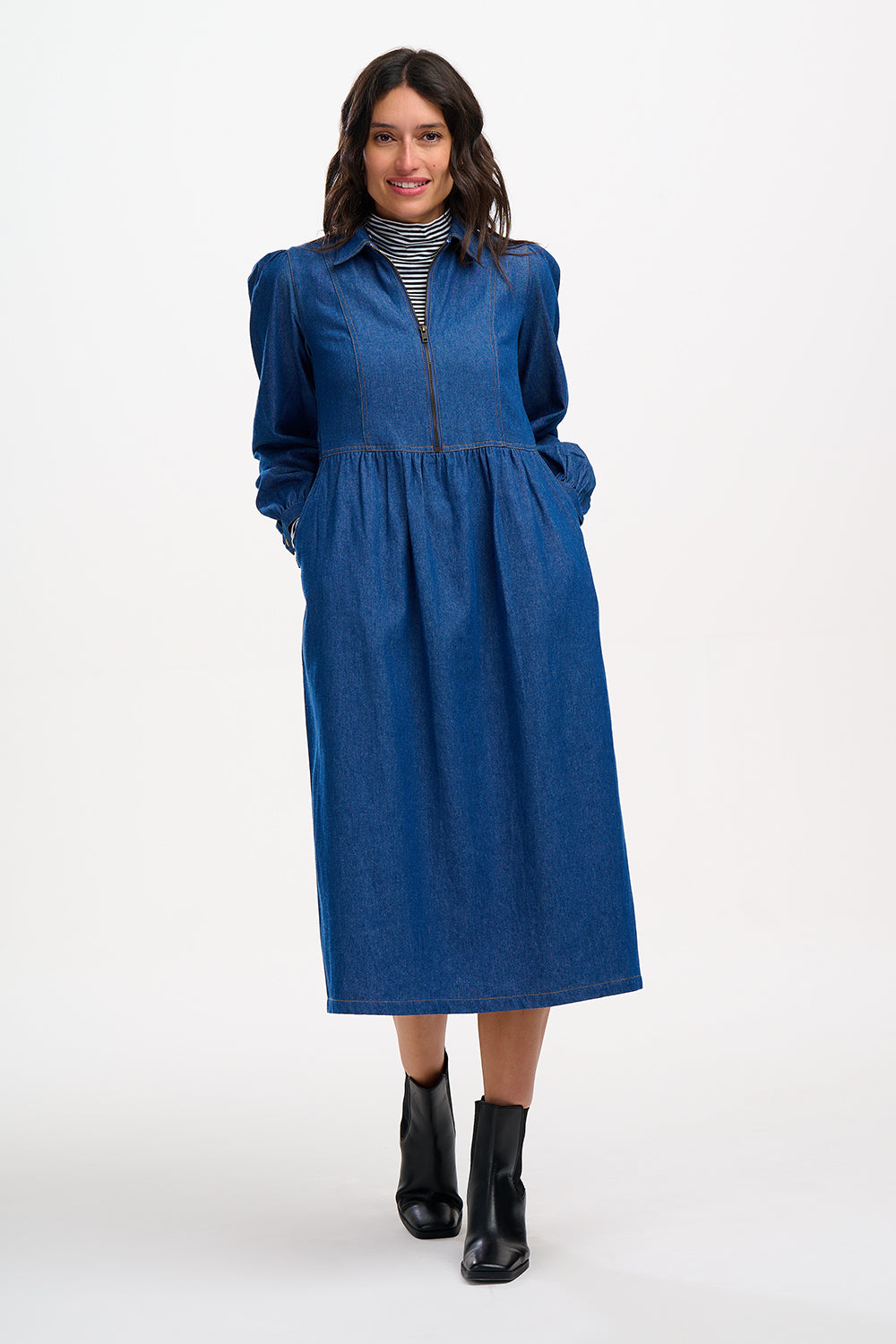 Kristy Midi Smock Dress (Mid Blue Denim)