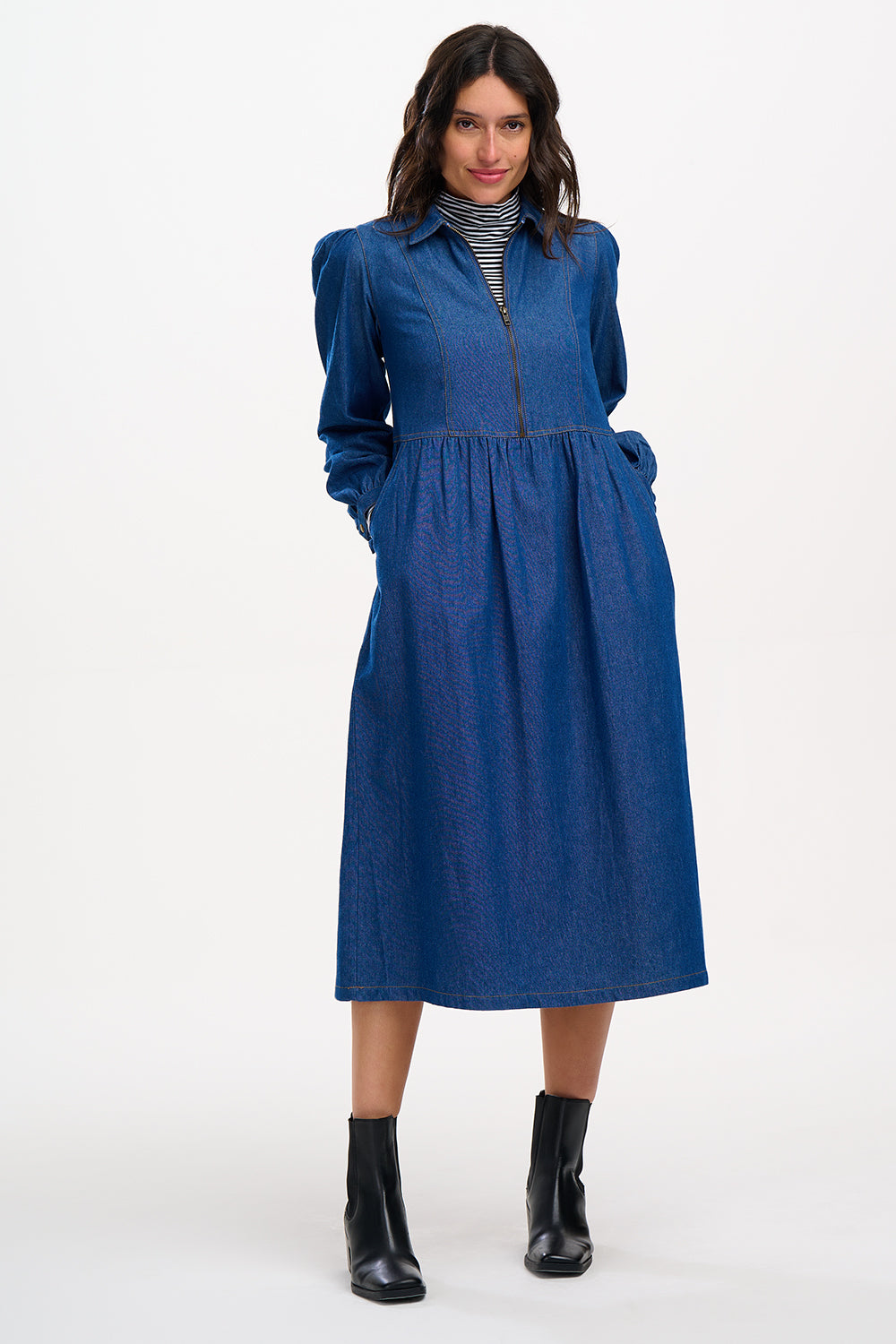 Kristy Midi Smock Dress (Mid Blue Denim)