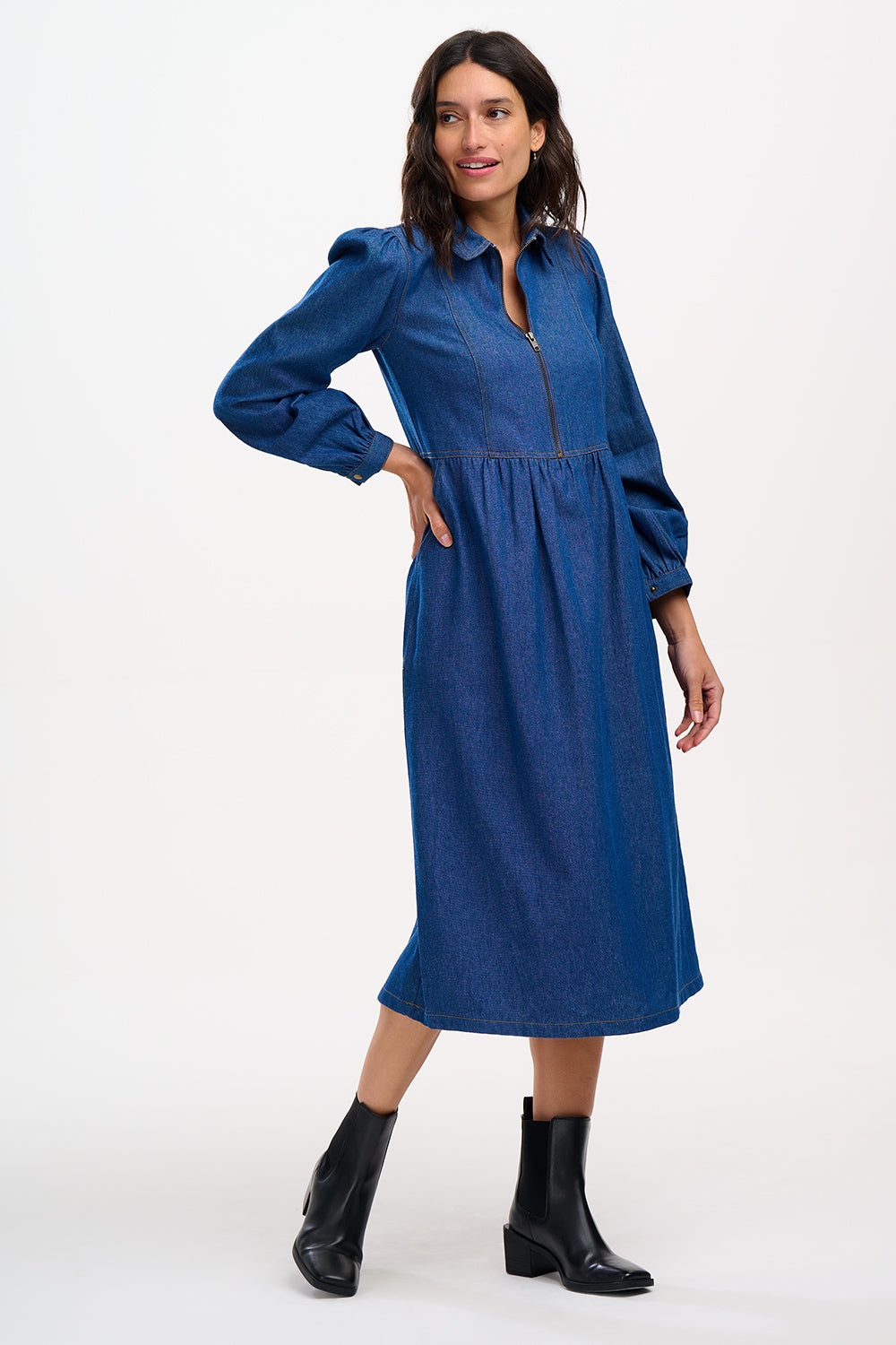 Kristy Midi Smock Dress (Mid Blue Denim)