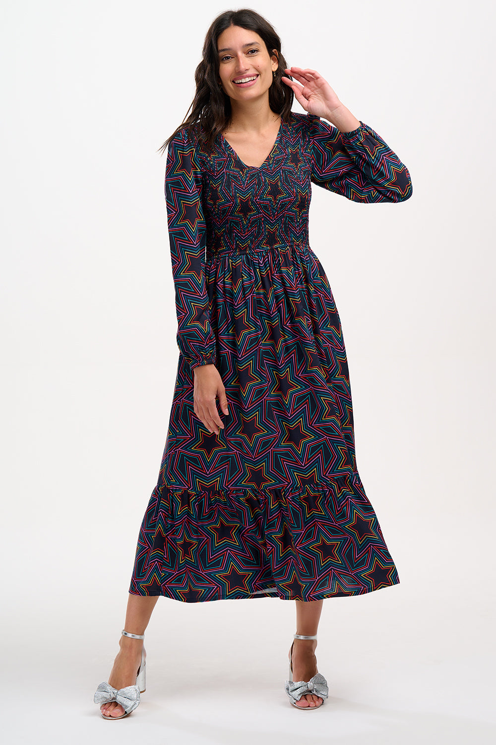 Amberly Shirred Midi Dress (Black, Rainbow Star Explosion)