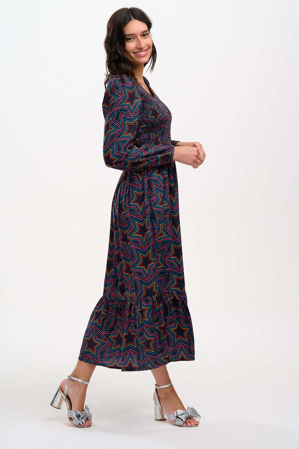 Amberly Shirred Midi Dress (Black, Rainbow Star Explosion)