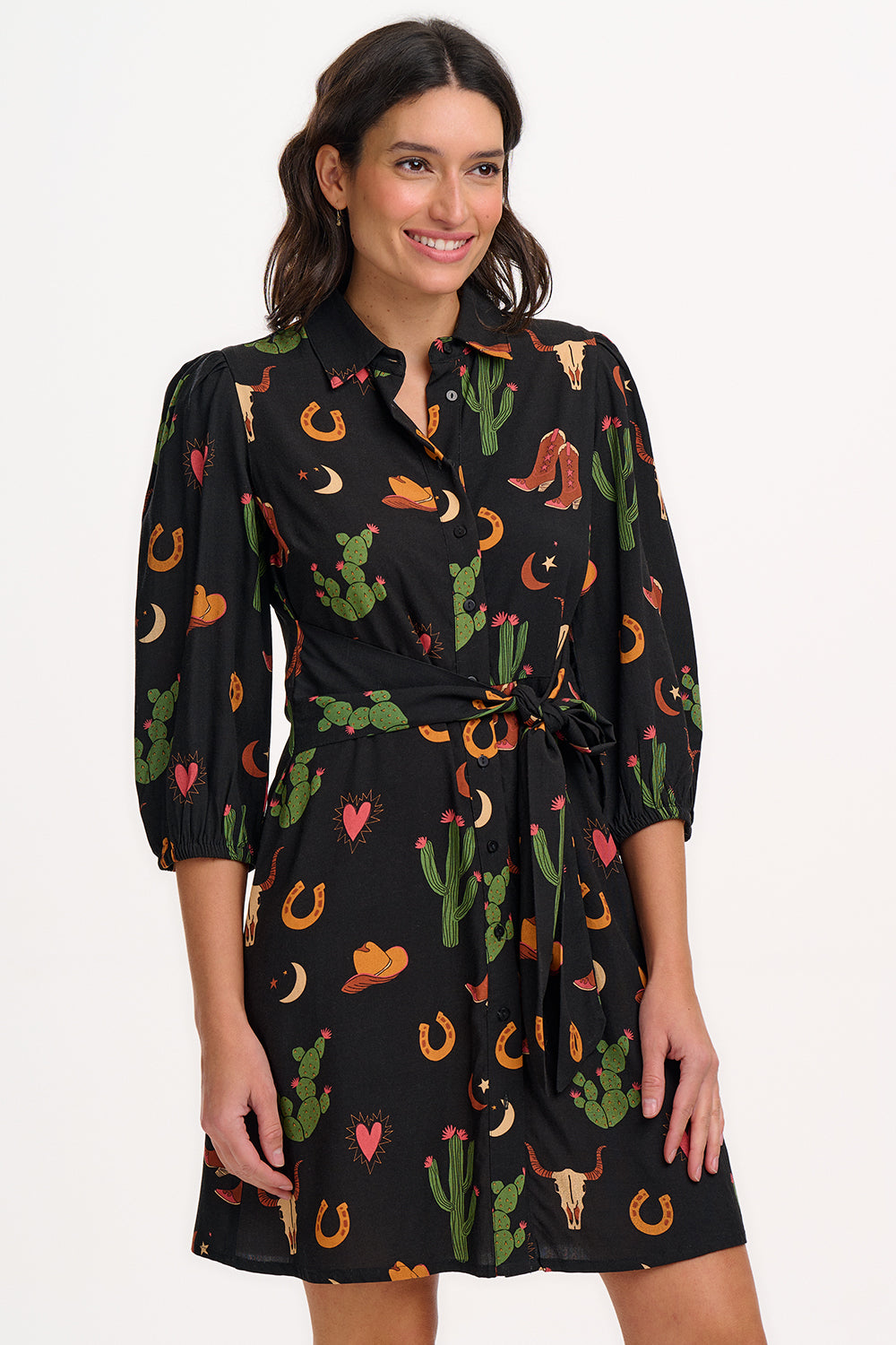 Mildred Shirt Dress (Black/Cowgirl Print)