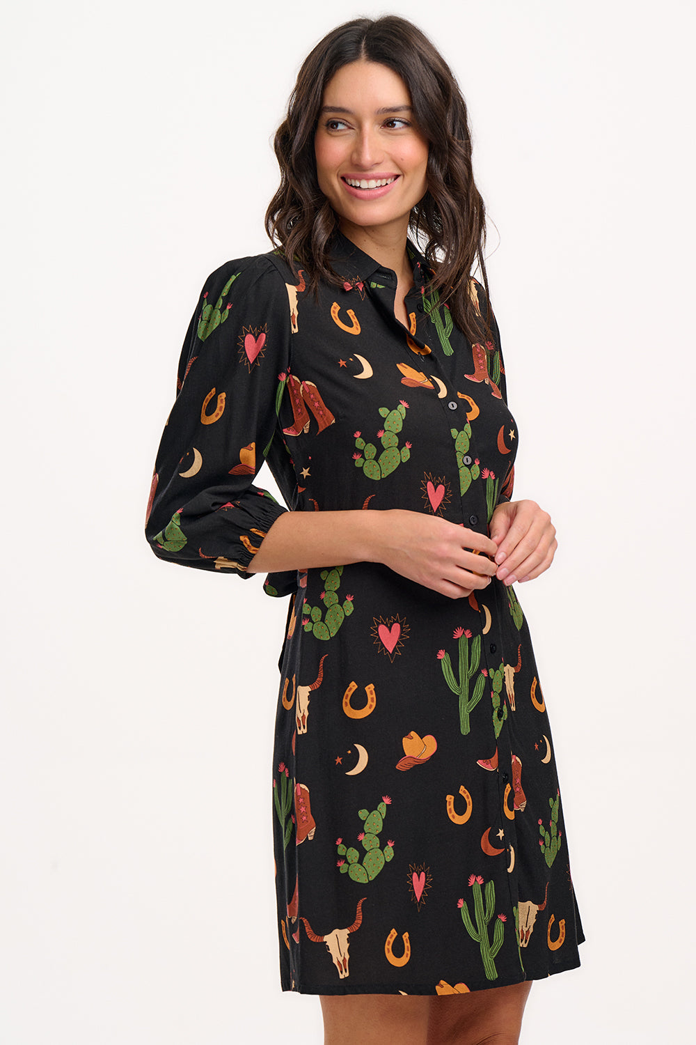 Mildred Shirt Dress (Black/Cowgirl Print)