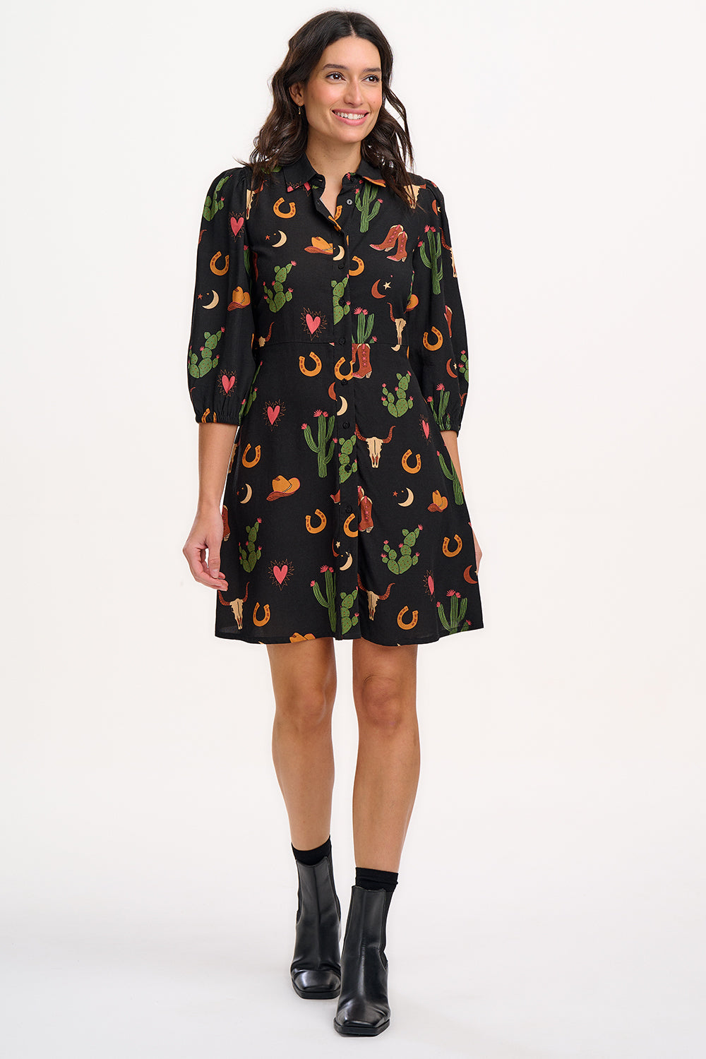 Mildred Shirt Dress (Black/Cowgirl Print)