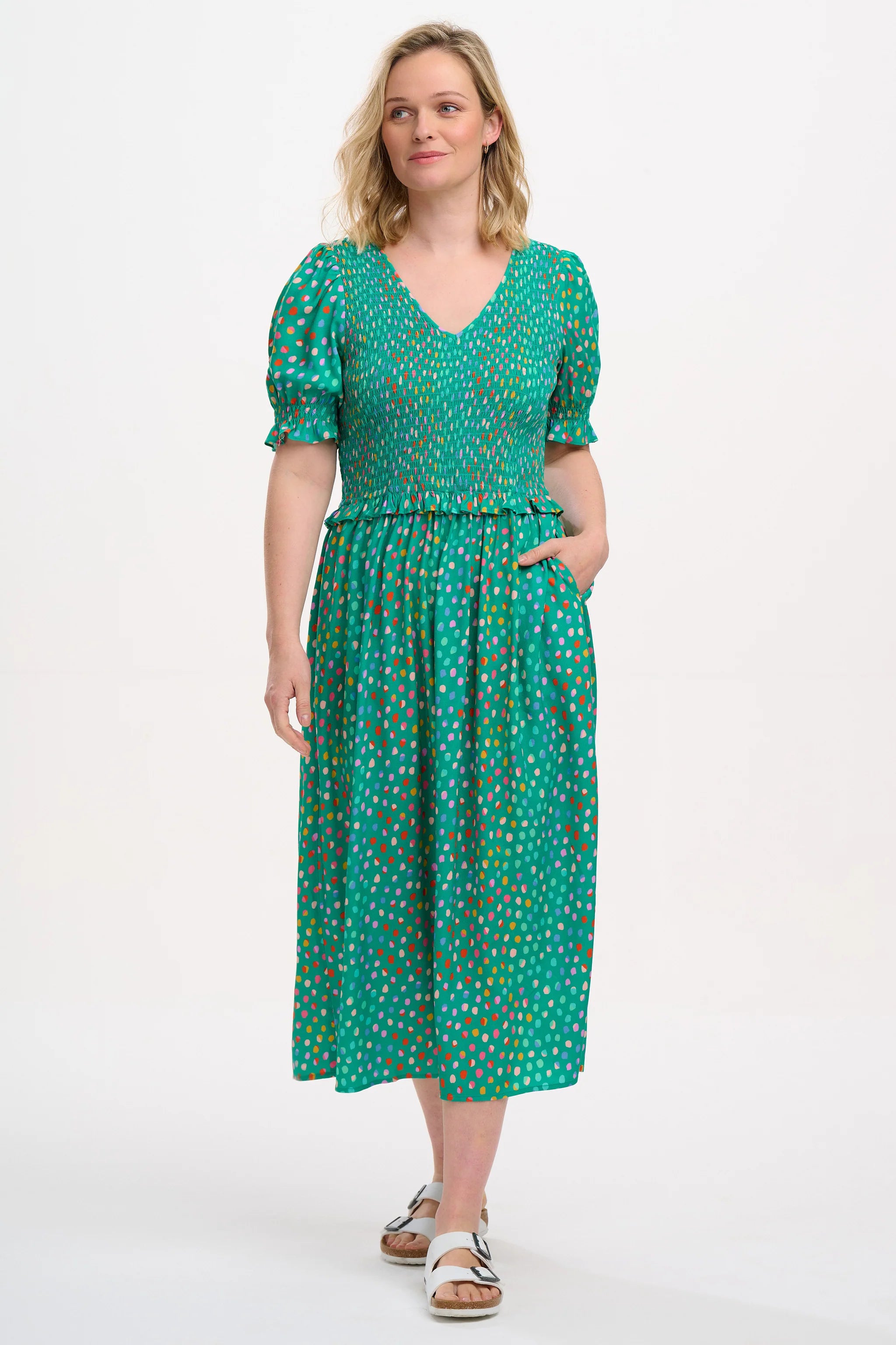 Bettina Shirred Midi Dress (Green Rainbow Pebbles)