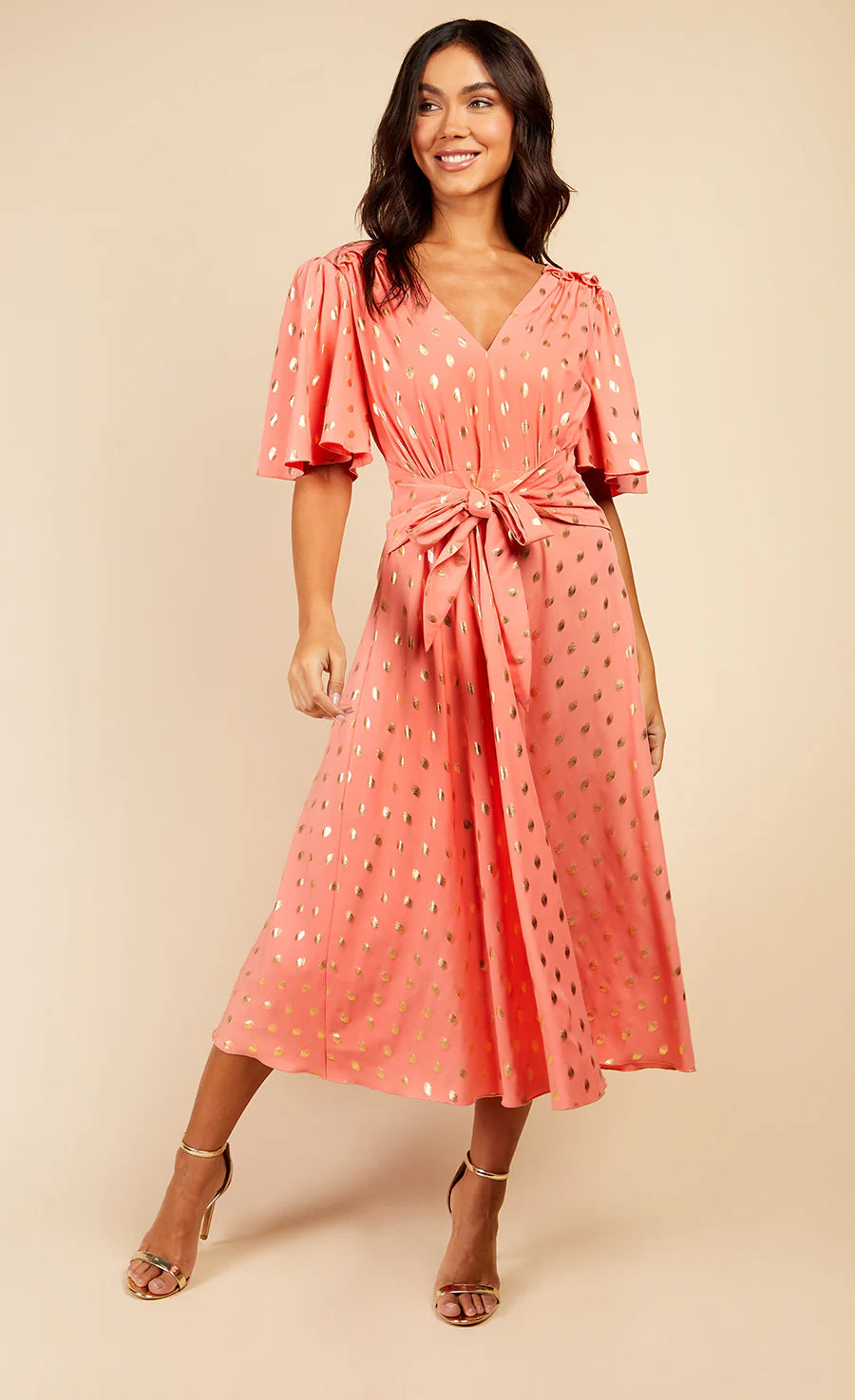 Corina Foil Midaxi Dress (Coral/Gold)