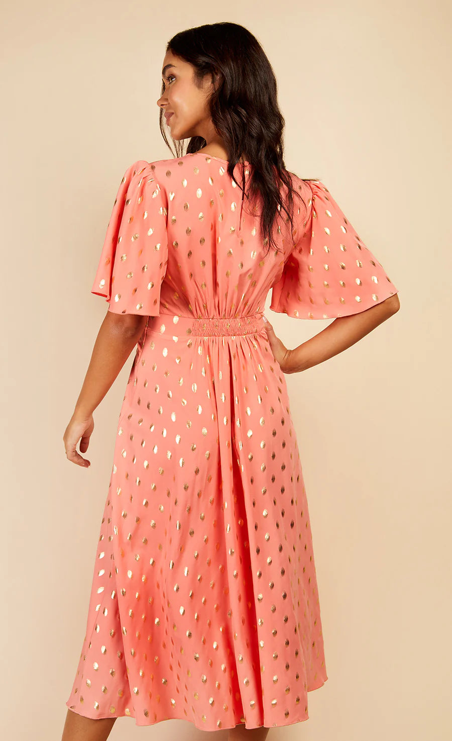 Corina Foil Midaxi Dress (Coral/Gold)