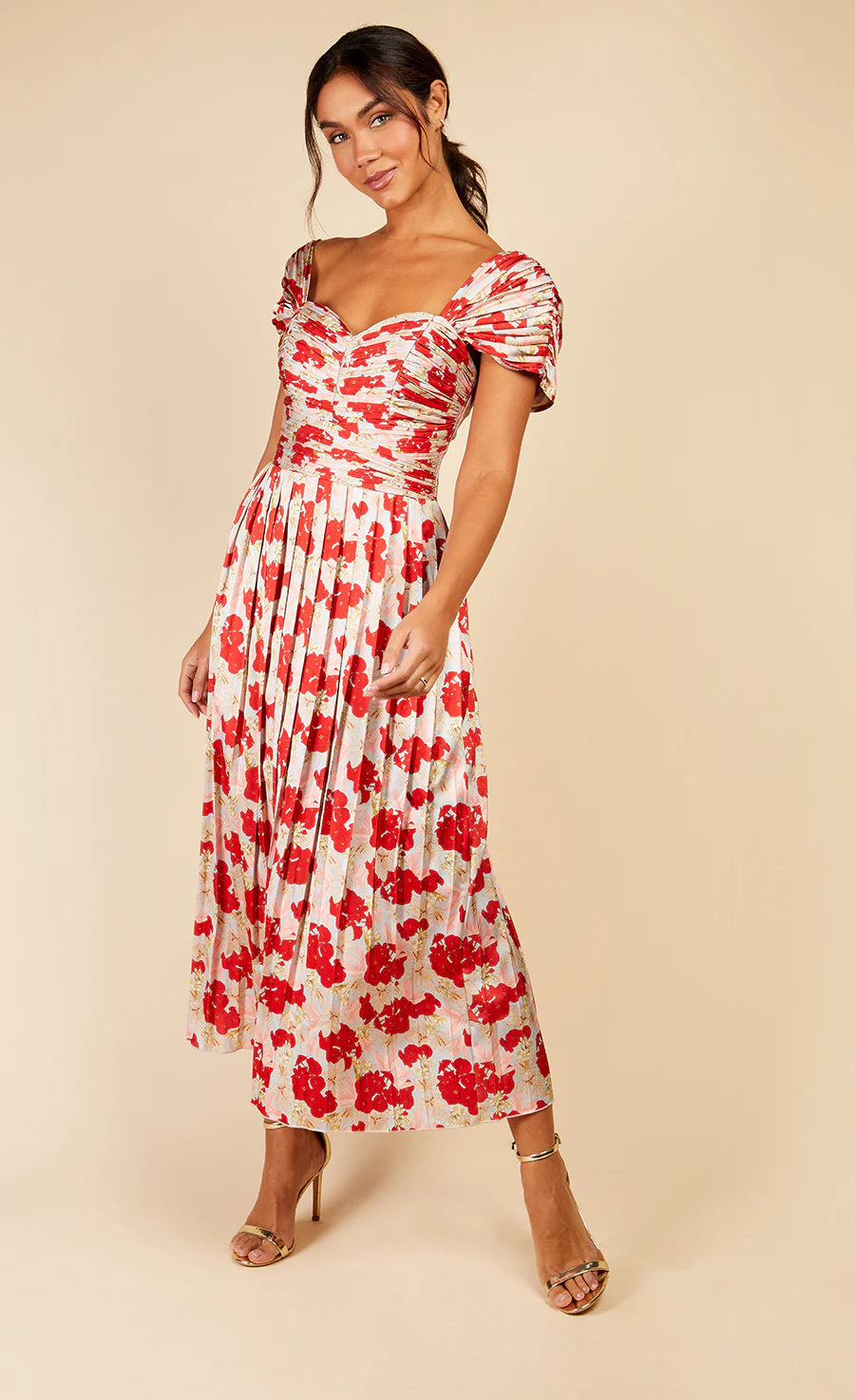 Jackson Pleated Midaxi Dress (Red Floral Print)