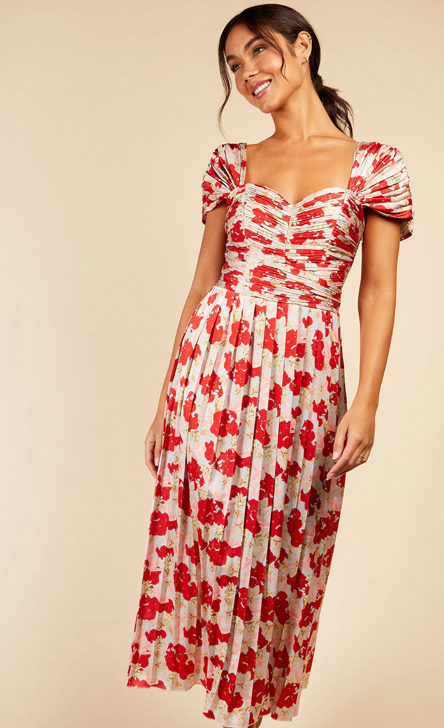 Jackson Pleated Midaxi Dress (Red Floral Print)