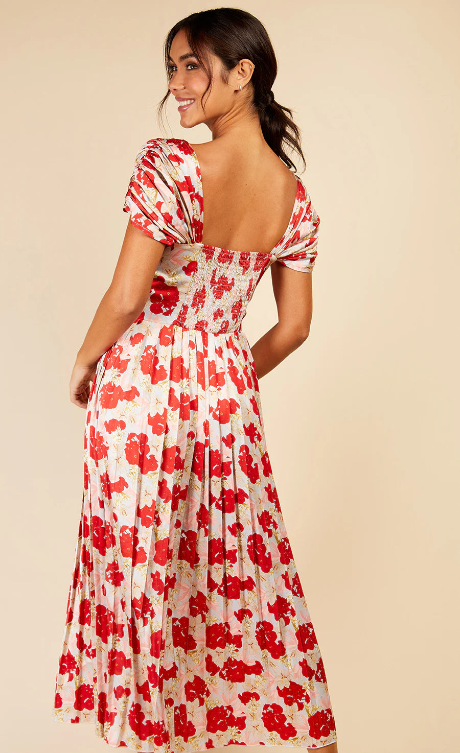 Jackson Pleated Midaxi Dress (Red Floral Print)