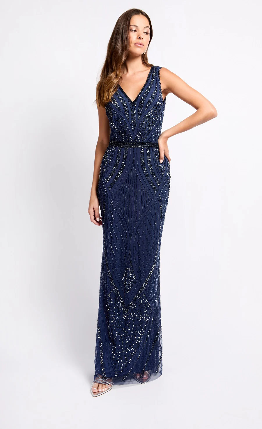 Kim Embellished Deco Maxi Dress (Navy)