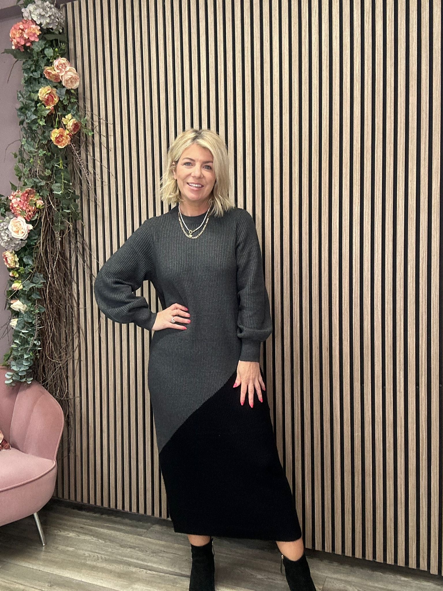 Ita Knitted Midi Dress (Dark Grey/ Black Half)