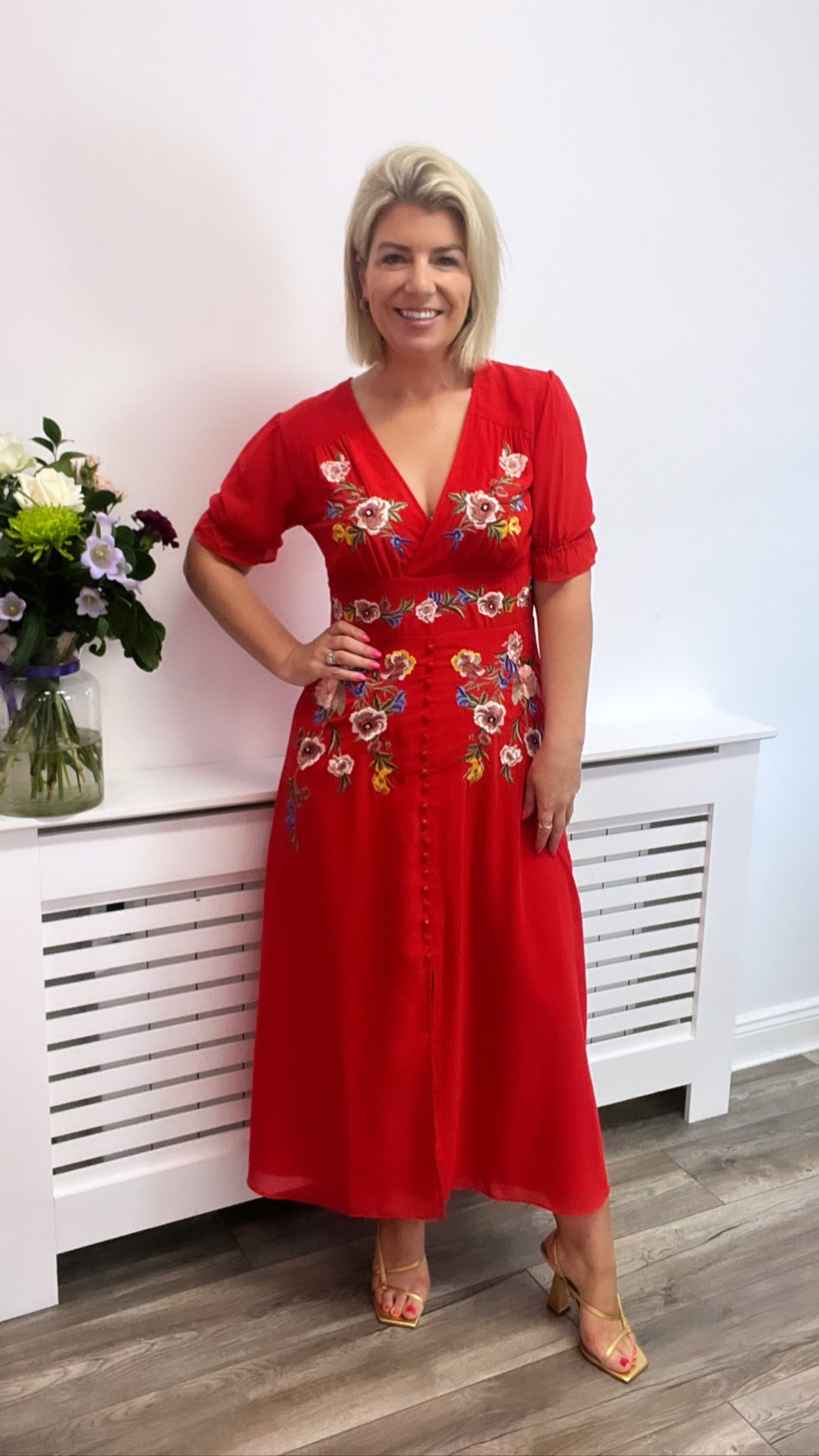 THE KAREN EMBROIDERED FLUTTER SLEEVE FRONT BUTTON MIDI DRESS (RED) CURVE