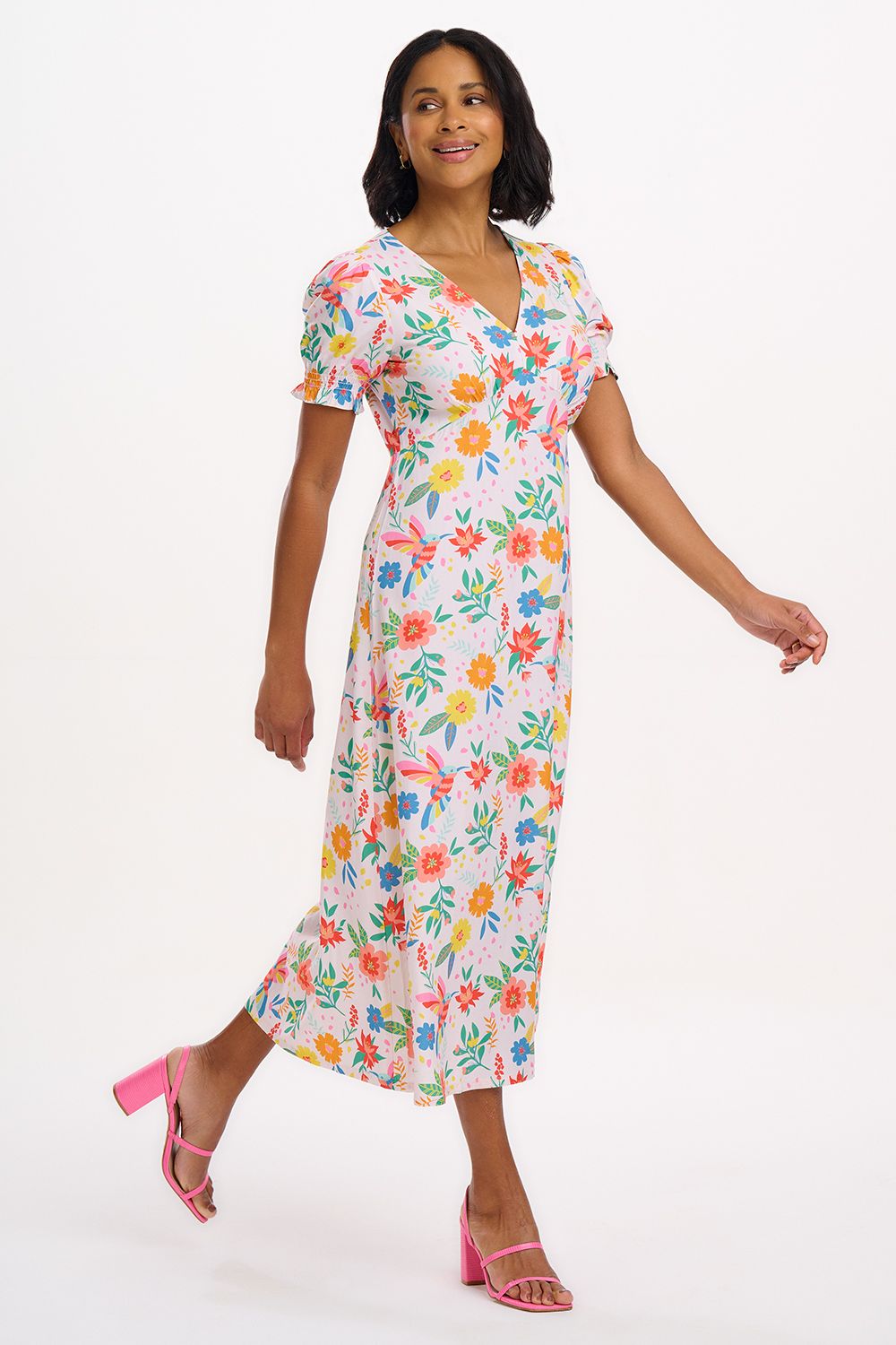 Mary Jane Midi Dress (Off White/Tropical Hummingbird)