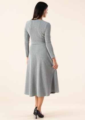 EVA L/S WRAP DETAIL MIDI DRESS (SILVER)