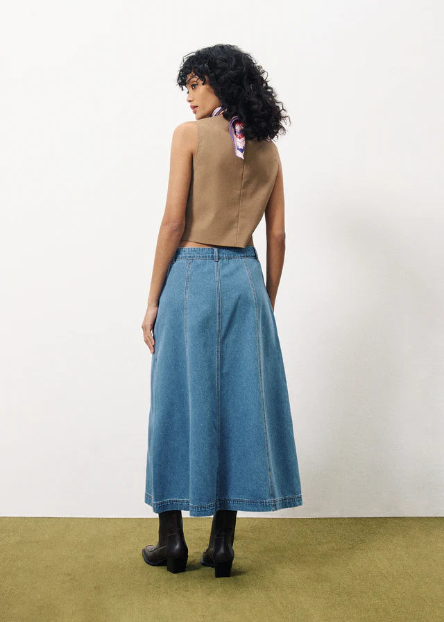 Ermeline Denim Midi Skirt (Mid Blue)