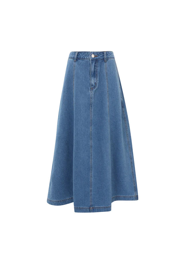 Ermeline Denim Midi Skirt (Mid Blue)