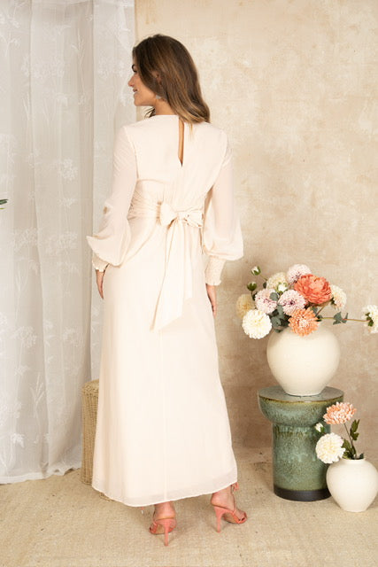 The Jayda Embellished Blouson Sleeve Midi Dress (Ivory)