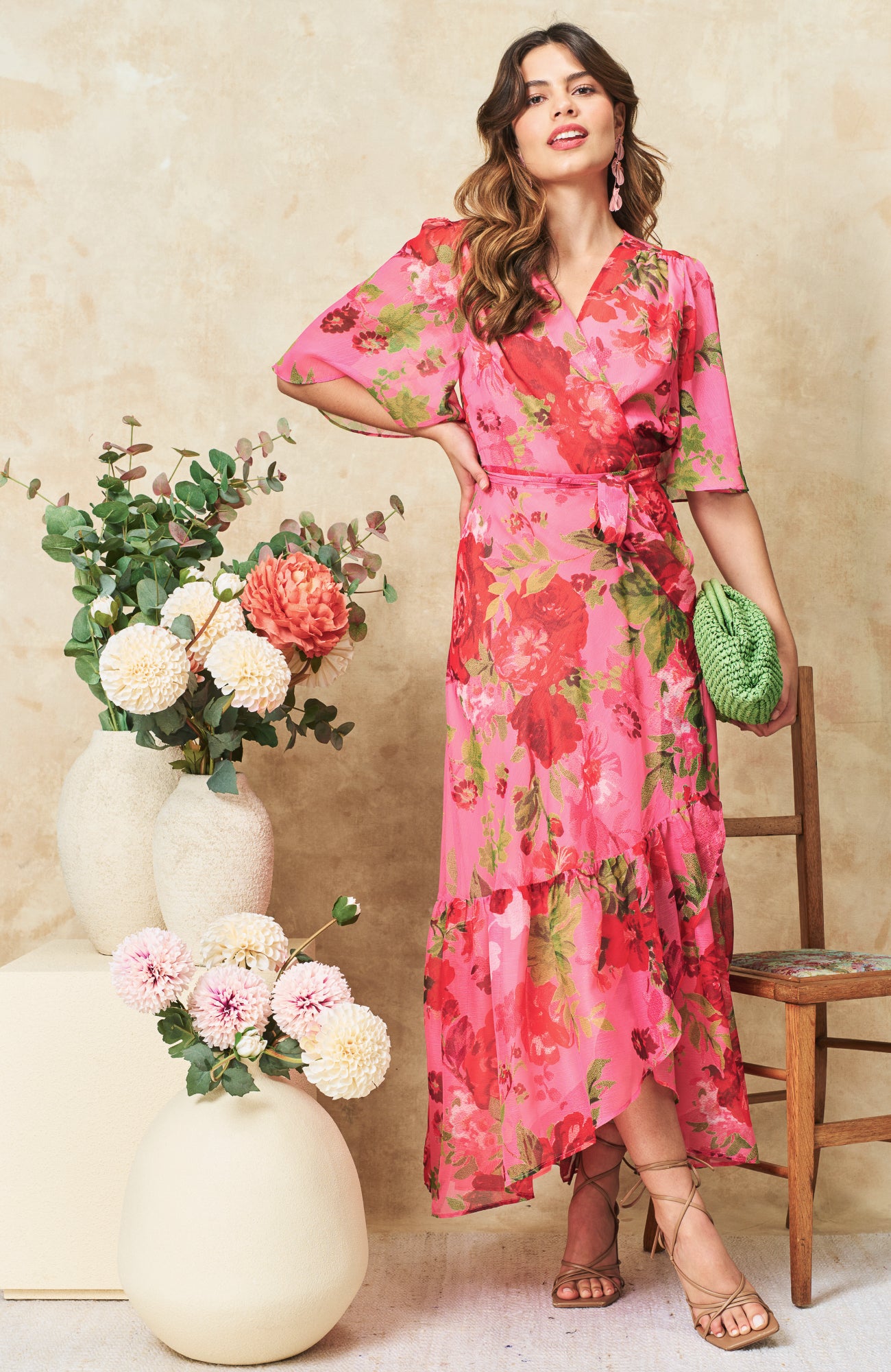 The Roxanne Flutter Sleeve Maxi Wrap Dress (Pink/Red)